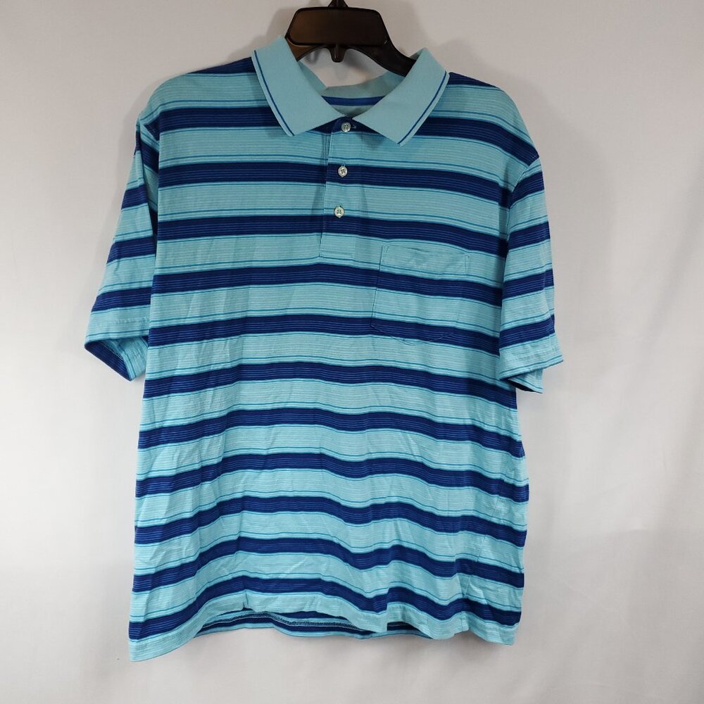 Saddlebred Mens Shrt Slv Button Top Collared Blues Striped Tee Sz Large